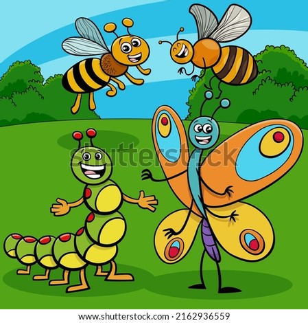 Cartoon illustration of happy insects funny animal characters group