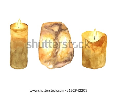 Watercolor collection of burning candles and salt lamp clipart elements isolated on white background. Hand drawn candlelight set of objects. Cozy warm flame illustration for poster, banner, decor. 