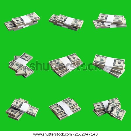 Big set of bundles of US dollar bills isolated on chroma key green. Collage with many packs of american money with high resolution on perfect green background mask