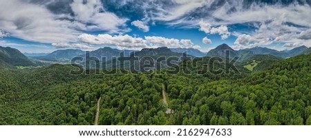 Alps mountains and forests in spring sunny day, aerial panoramic view