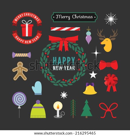 Christmas decoration set of graphic elements, illustrations, labels, symbols, icons, objects and holidays wishes