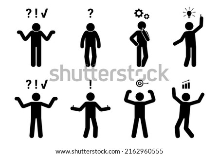 Stick figure man problem solution concept vector illustration set. Creative idea insight icon silhouette pictogram Royalty-Free Stock Photo #2162960555