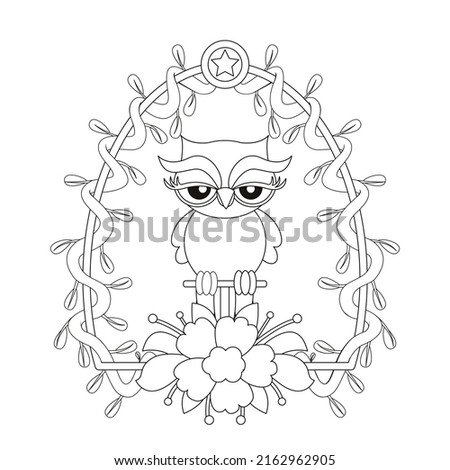 Isolated cute owl bird in a floral frame Vector illustration