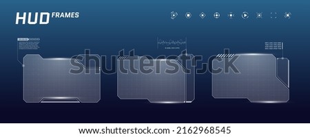 HUD digital futuristic user interface horizontal frame set. Sci Fi high tech screens. Gaming menu touching cyber monitoring dashboard panels. Cyberspace head-up display technology information eps sign Royalty-Free Stock Photo #2162968545