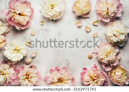 Beautiful background with many peony flowers with copy space. Greeting card or floral backgound