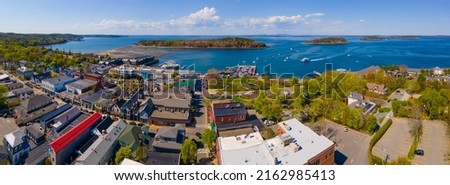Bar Harbor historic town center on Main Street and Bar Island in Frenchman Bay aerial view, Bar Harbor, Maine ME, USA.  Royalty-Free Stock Photo #2162985413