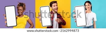 Happy multicultural young man and women holding modern smartphones with white empty screens and smiling, enjoying newest mobile apps, studio backgrounds, set of photos, collage, mockup, panorama