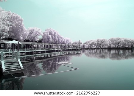 Infrared photography long bridge by the water nature in the park