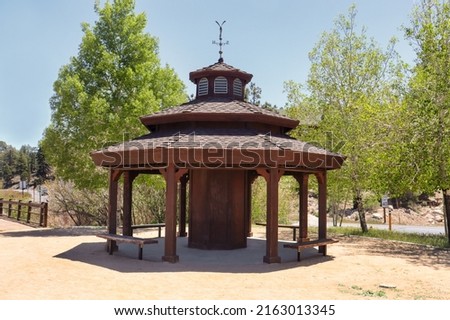The wooden gazebo at the Stanfield March Wildland and Waterfowl Preserve in Big Bear Lake, California.