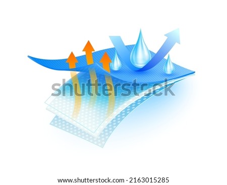 Water droplets on perforated spunbond synthetic fiber nonwoven fabric close up. Waterproof material moisture and Support cooling, reflect heat. Vector 3D. Can fabric ads, industrial.  Royalty-Free Stock Photo #2163015285