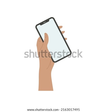 Smartphone in hand. Smartphone icon on white background illustration. Flat Icon Mobile Phone, Handphone. Cartoon hands hold smartphones with empty screens phone concept.  Modern Handphone Symbol. 