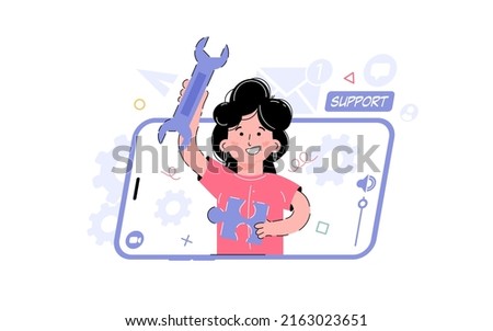 Support theme. The girl is holding a hand key. Element for the design of presentations, applications and websites. trend illustration. Vector illustration