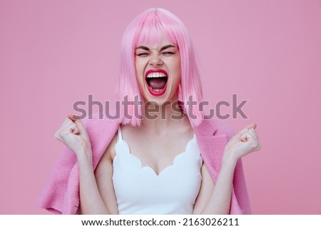 Beauty Fashion woman bright makeup pink hair glamor Studio Model unaltered