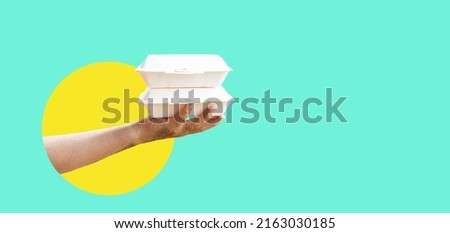 Art collage digital pop modern art.Hand holding to go food box.Delivery service,Takeaway, Food delivery.Rider deliveryman holding go box food takeaway.Delivering Food.Package mockup brand.Service app. Royalty-Free Stock Photo #2163030185
