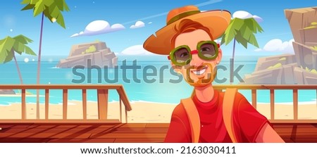 Happy man on bungalow wooden porch on sand sea beach with palm trees and mountains. Vector cartoon illustration of male character in sunglasses and hat on summer tropical ocean shore Royalty-Free Stock Photo #2163030411