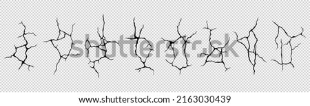 Ground cracks top view, earthquake cracking holes, ruined land surface crushed texture. Destruction, split, damage fissure effect after disaster isolated on transparent background. Realistic 3d vector Royalty-Free Stock Photo #2163030439