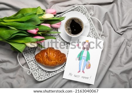Picture with text MY BEST MOMMY, tulips, croissant and cup of coffee on grey fabric background