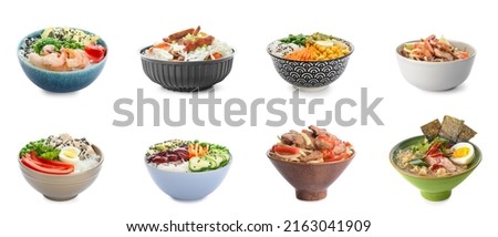 Set of bowls with tasty Chinese food on white background Royalty-Free Stock Photo #2163041909