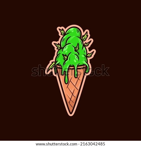 a vector illustration of delicious green weed ice cream with cannabis leaf topping