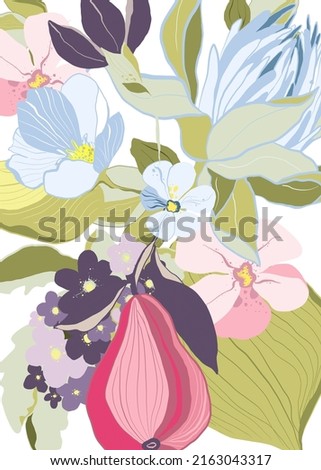 Digital floral poster - bouquet of greenery, flowers. Hand painted set of green leaf, pastel blossom, fruit with abstact shapes isolated on white background. illustration for design, print, logo