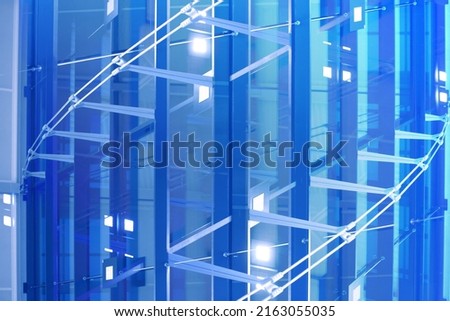 Double exposure of glass and steel wall. Modern architecture. Structural glazing of hi-tech exterior. Office building fragment. Windows. Real estate or financial business background photo.