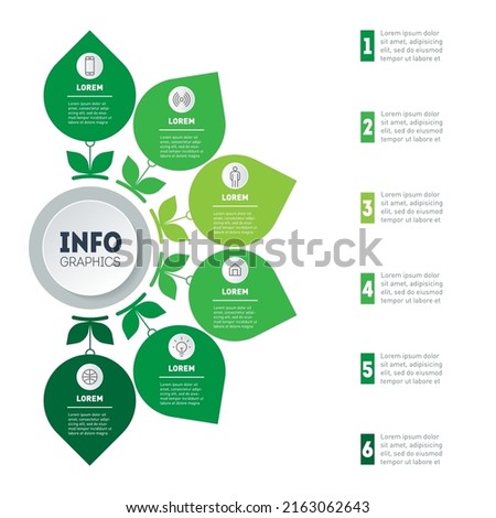 Infographic or Agro Business presentation of 6 parts. Dynamic infographics or mind map of eco technology or education process with six steps. Template of a chart, mind map or diagram.
