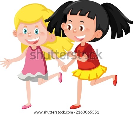 Two cute girls holding hands together illustration