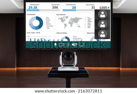 Web camera for online meeting with mock up presentation slide show on projector screen background in meeting room