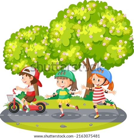 Children riding on roller skates at park illustration