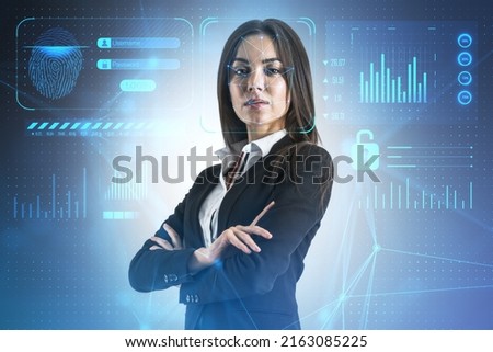 Portrait of thoughtful european woman with folded arms and face id glowing interface. Access, identification and recognition concept. Double exposure