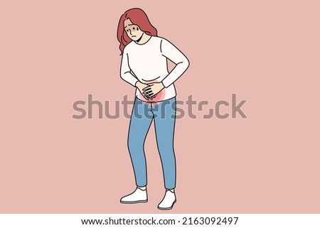 Unhealthy woman hold abdomen suffer from pms. Unwell girl struggle with periods pain. Female have stomachache. Healthcare and medicine concept. Vector illustration.  Royalty-Free Stock Photo #2163092497