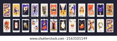Tarot cards design. Occult major arcanas deck with esoteric magic symbols. Pack of spiritual signs of emperor, fool, lovers, moon in modern style. Isolated colored flat graphic vector illustrations Royalty-Free Stock Photo #2163101149