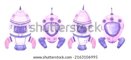 Rocket space ship illustration. White colored with purple decoration and round illuminator window. Futuristic, cosmic, light clip art. Handdrawn water colour paint on clean white backdrop, cut out.