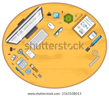 Wooden work desk workspace top view with PC computer and a lot of different stationery objects on table with copy space. All elements are easy to use separately or recompose illustration. Vector.
