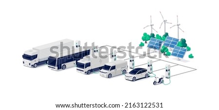 Company electric cars fleet charging on parking lot with charger station and many charger stalls. Bus, semi truck, van, motorcycle, business vehicles on renewable solar wind energy in network grid. Royalty-Free Stock Photo #2163122531