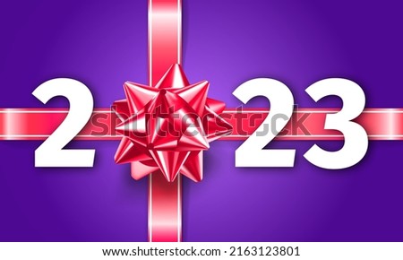 Happy New Year 2023. Gift Box Decoration with a Glossy Red Ribbon Gift Bow and the number 2023 on a purple background. New Year banner, greeting card, brochure, flyer, cover design. 3D vector template
