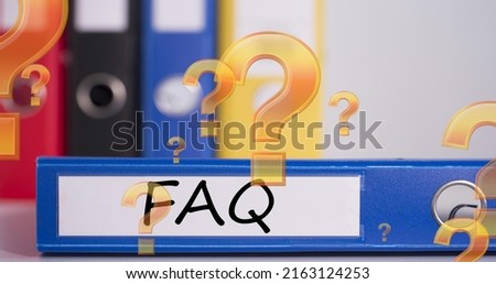 Image of question marks floating over binder with faq. data, working in office and technology concept digitally generated image.