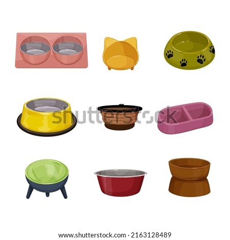 bowl pet food, dog and cat, animal feed, empty plate, dish cartoon icons set vector illustrations