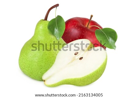 Red Apple and pear on an isolated white background. Green pear and red apple.