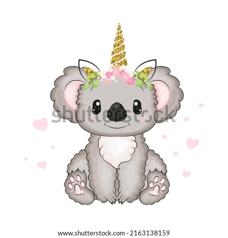 Clip art of a koala with a unicorn horn on its head. Vector illustration of a cute animal. Cute little illustration of koala for kids, baby book, fairy tales, covers, baby shower invitation, textile.