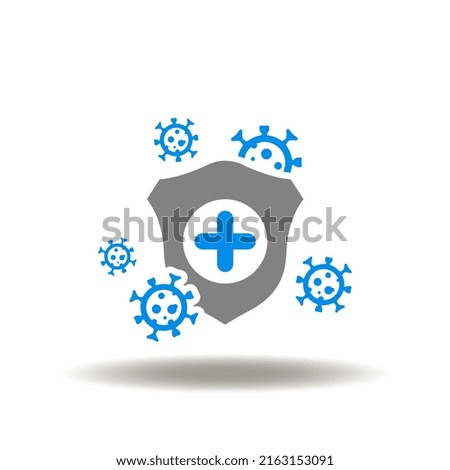 Vector illustration of shield with medical plus and viruses. Icon of immunity. Symbol of immune defense human system.