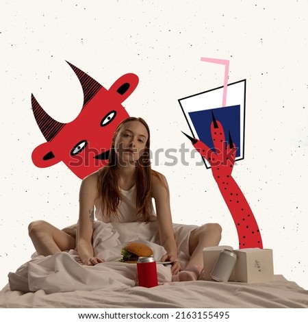 Contemporary art collage. Conceptual image of young girl sitting on bed, eating junk food, suffering from unhealthy lifestyle. Anti-social life. Concept of inner world, psychology, mental health
