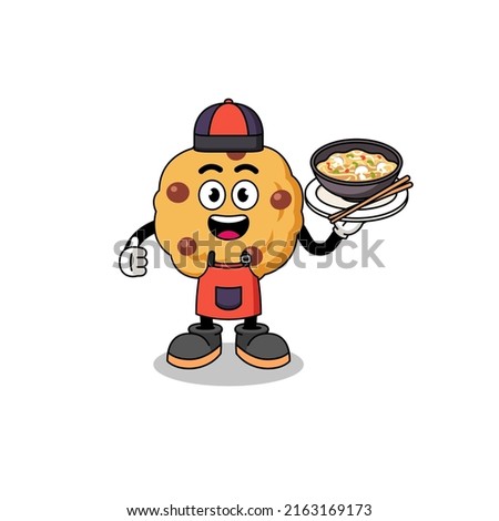 Illustration of chocolate chip cookie as an asian chef , character design