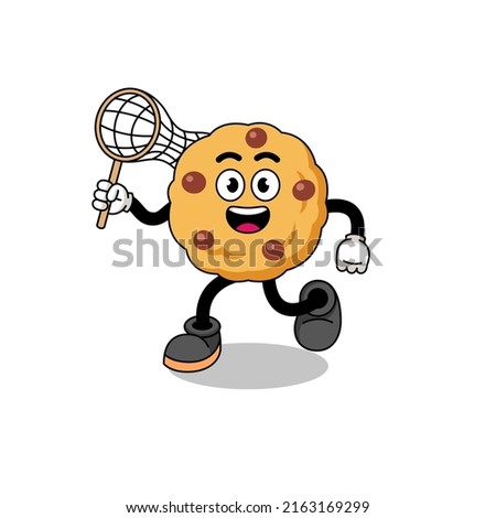 Cartoon of chocolate chip cookie catching a butterfly , character design