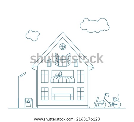 Line art vector neighborhood illustration with house and wheel. Cityscape with blue residential building.