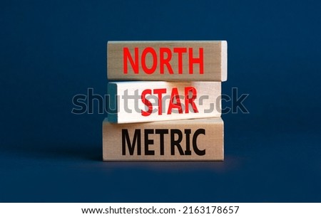 North star metric symbol. Concept words North star metric on wooden blocks on a beautiful grey table grey background. Business, finacial and north star metric concept. Copy space.