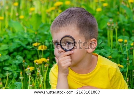 The child looks through a magnifying glass at the flowers Zoom in. selective focus.