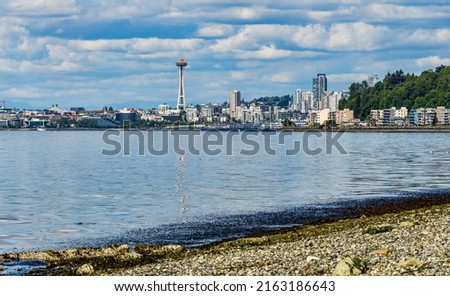 A view of the skyline of Alki Beach and Seattle.