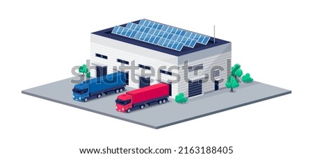 Warehouse logistic hall centre with semi truck unloading process. Company business cargo transport delivery vehicles. Renewable solar electricity energy on factory roof. Retail shipping distribution. Royalty-Free Stock Photo #2163188405