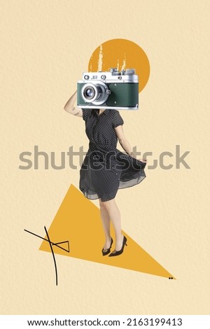 Contemporary art collage. Stylish woman in retro dress headed of vintage camera isolated over yellow background. Old-fashioned style. Concept of surrealism, creativity, inspiration. Modern artwork Royalty-Free Stock Photo #2163199413